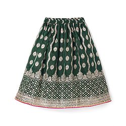 Babyhug Brocade Woven Three Fourth Sleeves Printed Choli Lehenga & Dupatta Set with Sequin Detailing - Dark Green