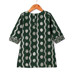 Babyhug Woven Three Fourth Sleeves Brocade Kurti Gharara & Dupatta Set with Lace Detailing - Dark Green