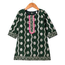 Babyhug Woven Three Fourth Sleeves Brocade Kurti Gharara & Dupatta Set with Lace Detailing - Dark Green