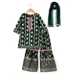 Babyhug Woven Three Fourth Sleeves Brocade Kurti Gharara & Dupatta Set with Lace Detailing - Dark Green