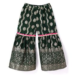 Babyhug Woven Three Fourth Sleeves Brocade Kurti Gharara & Dupatta Set with Lace Detailing - Dark Green