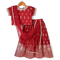 Babyhug Woven Half Sleeves Brocade Lehenga Choli & Dupatta Set with Sequin Detailing - Maroon