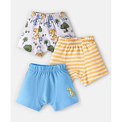 Babyhug 100% Cotton Trunks with Dino Print & Stripes Pack of 3 - Blue & White
