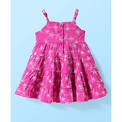 Babyhug Cotton Woven Floral Embroidered Frock with Full Sleeves T-Shirt & Bow Applique - Dark Pink