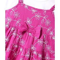 Babyhug Cotton Woven Floral Embroidered Frock with Full Sleeves T-Shirt & Bow Applique - Dark Pink