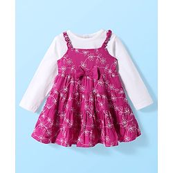 Babyhug Cotton Woven Floral Embroidered Frock with Full Sleeves T-Shirt & Bow Applique - Dark Pink