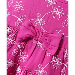 Babyhug Cotton Woven Floral Embroidered Frock with Full Sleeves T-Shirt & Bow Applique - Dark Pink