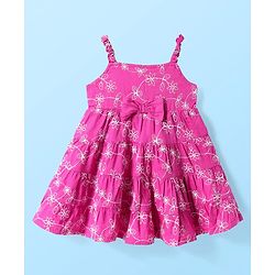 Babyhug Cotton Woven Floral Embroidered Frock with Full Sleeves T-Shirt & Bow Applique - Dark Pink
