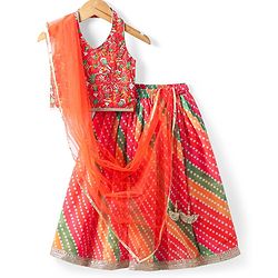Babyhug Woven Sleeveless Floral Embroidered Choli Lehenga & Dupatta Set with Bandhani Print & Tassle Detailing - Red