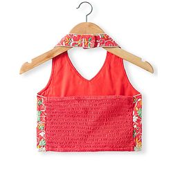 Babyhug Woven Sleeveless Floral Embroidered Choli Lehenga & Dupatta Set with Bandhani Print & Tassle Detailing - Red