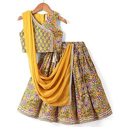 Babyhug Woven Sleeveless Floral Printed & Lace Detailing Lehenga Choli Set With Dupatta - Yellow