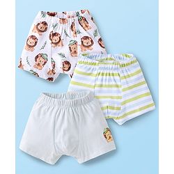 Babyhug 100% Cotton Single Jersey Knit Trunks With Stripes & Lion Print Pack Of 3 - White & Light Green