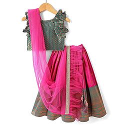Babyhug Woven Frill Sleeves Brocade Lehenga Choli & Dupatta Set- Dark Pink