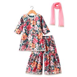 Babyhug Woven Three Fourth Sleeves Digital Floral Printed Kurta Gharara Set with Dupatta & Lace Detailing - Teal Blue