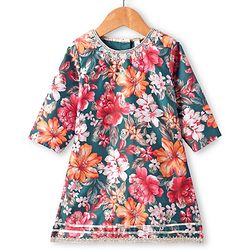 Babyhug Woven Three Fourth Sleeves Digital Floral Printed Kurta Gharara Set with Dupatta & Lace Detailing - Teal Blue