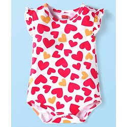 Babyhug 100% Cotton Knit Frill Sleeves Heart Printed Onesie - White & Red