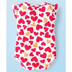 Babyhug 100% Cotton Knit Frill Sleeves Heart Printed Onesie - White & Red