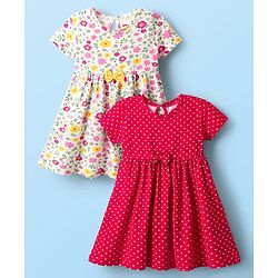 Babyhug Single Jersey Knit Half Sleeves Floral & Polka Dot Printed Frocks With Bow Applique Pack of 2 - Red & White