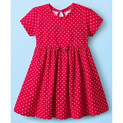 Babyhug Single Jersey Knit Half Sleeves Floral & Polka Dot Printed Frocks With Bow Applique Pack of 2 - Red & White