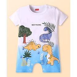 Babyhug Interlock Knit Half Sleeves Romper With Dino Print - White & Blue
