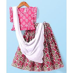 Babyhug Cotton Woven Frilled Sleeves Floral Printed Choli Lehenga Set with Dupatta - White & Pink