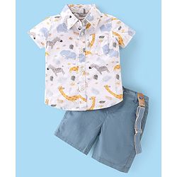 Babyhug Cotton Woven Half Sleeves Leaf Printed Shirt & Denim Shorts Set - White & Blue