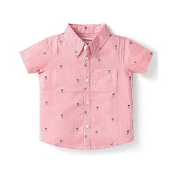 Babyhug Cotton Woven Half Sleeves Striped Shirt & Denim Shorts Set With Pineapple Print - Pink & Blue