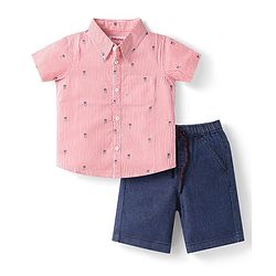 Babyhug Cotton Woven Half Sleeves Striped Shirt & Denim Shorts Set With Pineapple Print - Pink & Blue