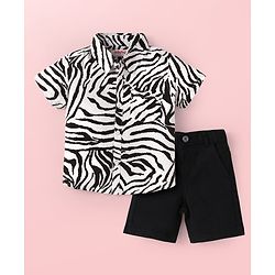 Babyhug Cotton Woven Half Sleeves Zebra Printed Shirt & Solid Denim Shorts Set - White & Black