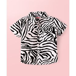 Babyhug Cotton Woven Half Sleeves Zebra Printed Shirt & Solid Denim Shorts Set - White & Black