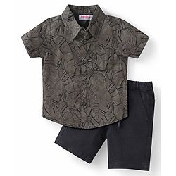 Babyhug Cotton Woven Half Sleeves Leaf Printed Shirt & Denim Shorts Set - Brown