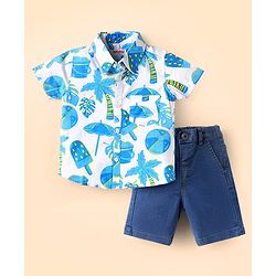 Babyhug Cotton Woven Half Sleeves Tropical Theme Printed Shirt & Solid Denim Jeans Set - White & Blue