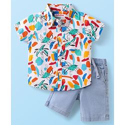 Babyhug Cotton Woven Half Sleeves Tree Printed Shirt & Denim Shorts Set - White & Light Blue