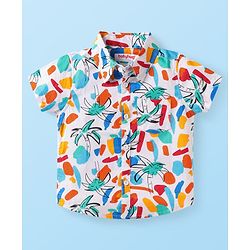 Babyhug Cotton Woven Half Sleeves Tree Printed Shirt & Denim Shorts Set - White & Light Blue