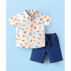 Babyhug Cotton Woven Half Sleeves Sea Life Printed Shirt & Denim Shorts -  White & Blue