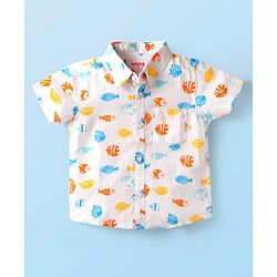 Babyhug Cotton Woven Half Sleeves Sea Life Printed Shirt & Denim Shorts -  White & Blue