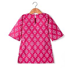 Babyhug Cotton Woven Three Fourth Sleeves Kurta & Churidar with Dupatta Floral Print - Dark Pink