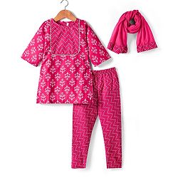 Babyhug Cotton Woven Three Fourth Sleeves Kurta & Churidar with Dupatta Floral Print - Dark Pink