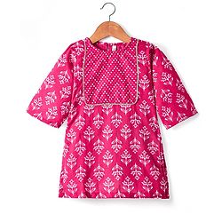Babyhug Cotton Woven Three Fourth Sleeves Kurta & Churidar with Dupatta Floral Print - Dark Pink