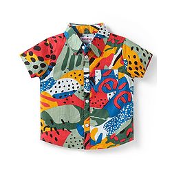 Babyhug Cotton Woven Half Sleeves Printed Shirt & Denim Shorts Set - Red & Blue