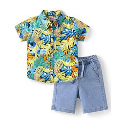 Babyhug Cotton Woven Half Sleeves Leaf Printed Shirt & Denim Shorts Set - Green & Blue