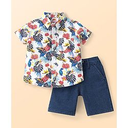 Babyhug Cotton Woven Half Sleeves Floral Printed Shirt & Denim Shorts Set - White & Blue