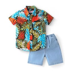 Babyhug Cotton Woven Half Sleeves Leaf Printed Shirt & Denim Shorts Set - Multicolor & Blue
