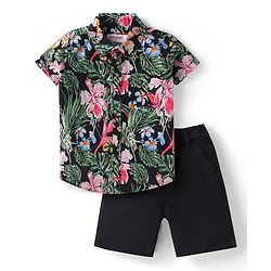 Babyhug Cotton Woven Half Sleeves Floral Printed Shirt & Denim Shorts Set - Black