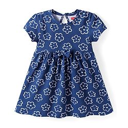 Babyhug Single Jersey Knit Half Sleeves Frock With Floral Print & Bow Applique - Blue