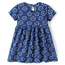 Babyhug Single Jersey Knit Half Sleeves Frock With Floral Print & Bow Applique - Blue