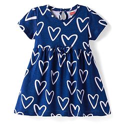 Babyhug Single Jersey Knit Half Sleeves Heart Printed Frock with Bow Applique - Navy Blue