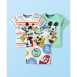 Babyhug Disney Single Jersey Knit Half Sleeves T-Shirt with Mickey & Friends Graphics Pack of 3 - White & Mint Green