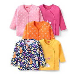 Babyhug 100% Cotton Knit Full Sleeves Floral Animal & Polka Dots Printed Jhablas Pack of 5 - Navy Blue Orange & Yellow