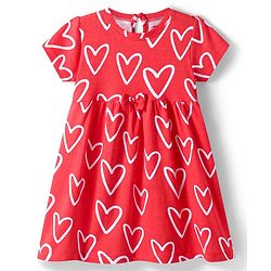 Babyhug Single Jersey Knit Half Sleeves Anti Bacterial Heart Printed Frock with Bow Applique - Red